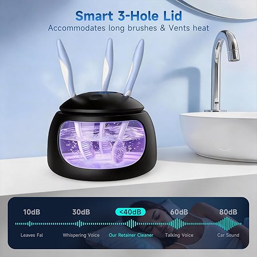 Ultrasonic Retainer Cleaner Machine, 45kHz Denture Dome with UV Light,Dental Cleaning POD for Aligners, Mouth Guards, Night Guards, Toothbrush,Jewelry,200ML Capacity (Black)