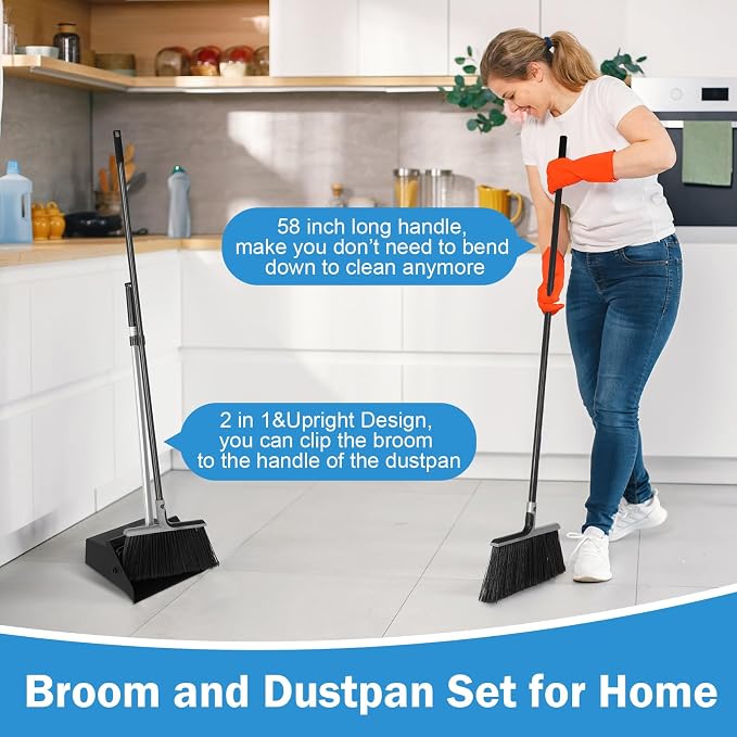 Lallisa 4 Pack Commercial Broom and Dustpan Combo Set 58'' Long Handle Upright Broom with 4-Layer Bristles Standing Dustpan Heavy Duty Lobby Dust Pan Bulk for Home Kitchen Office Indoor Outdoor Use