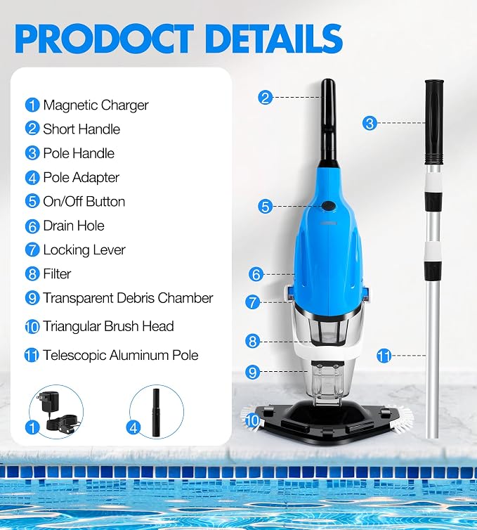 KlrSwp Cordless Pool Vacuum for Above Ground Pool, Magnetic Charging Handheld Pool Vacuum Cleaner, Anti-backflow Design Spa Vacuum for Hot Tub with Telescopic Pole | 18.5GPM Suction, 80-Min Runtime