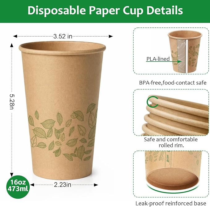16oz 100Count Compostable Paper Cups, Plant-Based Disposable Coffee Cups with PLA Lining, Perfect for Hot & Cold Drinks, Coffee, Party, Office & Daily Use