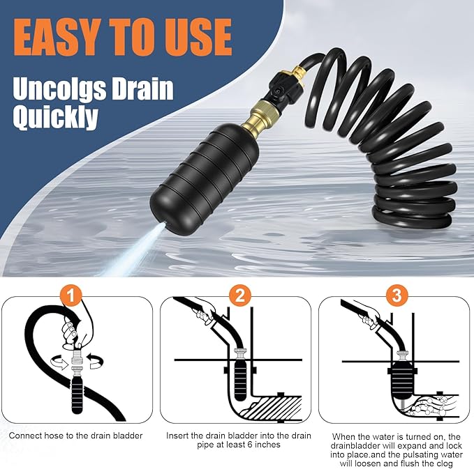 3 Pcs Drain Bladder Kit, Drain Cleaning Bladder Fits 1" to 6" Pipes, with 10 ft Retractable Hose, Shut-Off Valve & Brass Faucet Adapter Fits Most Faucets– For Sinks, Showers, Pools & Drains (Black)