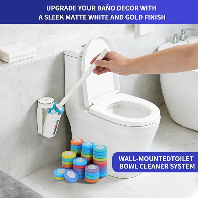 Disposable Toilet Brush and Holder Set - Wall Mounted Toilet Bowl Cleaner Wand with 24 Rainbow-Colored Refills & Automatic Storage Caddy, Hygienic Toilet Cleaning System for Bathroom