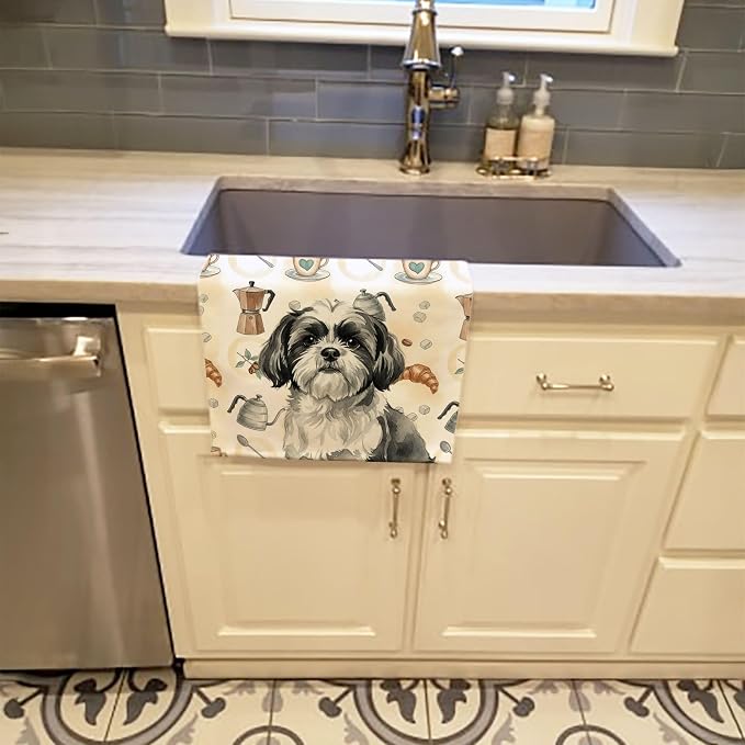 Caroline's Treasures Black and White Shih Tzu Coffee Bar Kitchen Towel Velour Plush Front and Cotton Loop Back Machine Washable