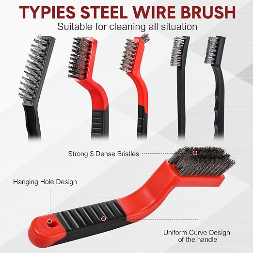 Sumind 30 Pcs Wire Cleaning Brush Set Nylon/ Stainless Steel/ Brass Metal Brush with Curved Handle Grip Paint Remover for Cleaning Rust Grout Cleaner (Stainless Steel)