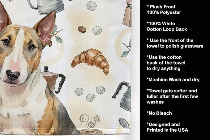 Caroline's Treasures Tricolor Miniature Bull Terrier Coffee Bar Kitchen Towel Velour Plush Front and Cotton Loop Back Machine Washable