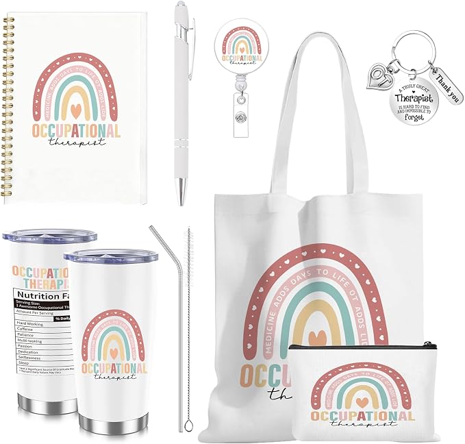 7 Pcs Occupational Therapy Appreciation Gifts with Flower Canvas Tote Bag Makeup Bag Tumbler Mug OT Spiral Journal Notebook Ballpoint Pen Badge And Keychain for Graduation Teacher Student OT Gifts
