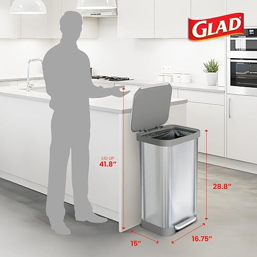 Glad 20 Gallon All Brushed Stainless Steel Trash Can with Clorox Odor Protection | Large Metal Kitchen Garbage Bin with Soft Close Lid, Garbage Bag Rings, Step On Foot Pedal and Waste Bag Roll Holder