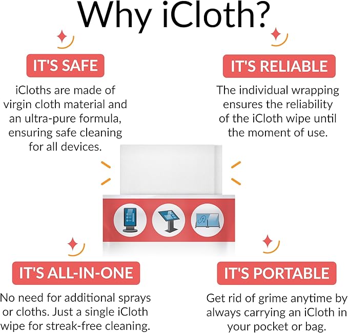 iCloth XL Wipe - 9x12 Inch Electronics Cleaning Wipe, 70% Isopropyl Alcohol, Individually Sealed - Streak-Free, Lint-Free, Restores Optical Clarity - TV, Monitor, Laptop (24 Wipes)