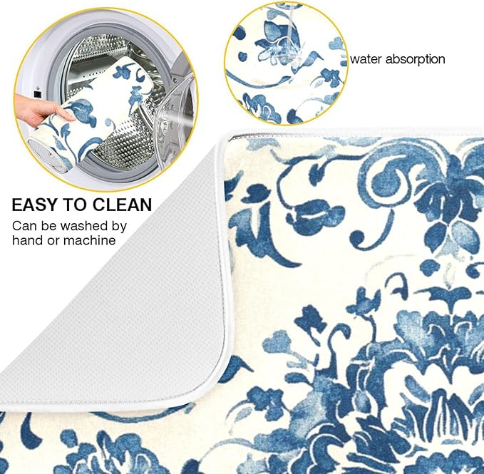 Dish Drying Mat Kitchen Mat Large Size 18 x 24 Blue White Floral Washable Dishes Drainer Mat for Countertop