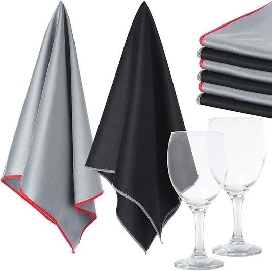 VitalCozy 6 Pcs Wine Glass Polishing Cloths Large Microfiber Cleaning Cloths 25 x 20 Inch Lintless Towels for Drying Wine Glasses Cleaning Window Stemware Dishes Glassware (Black, Gray)