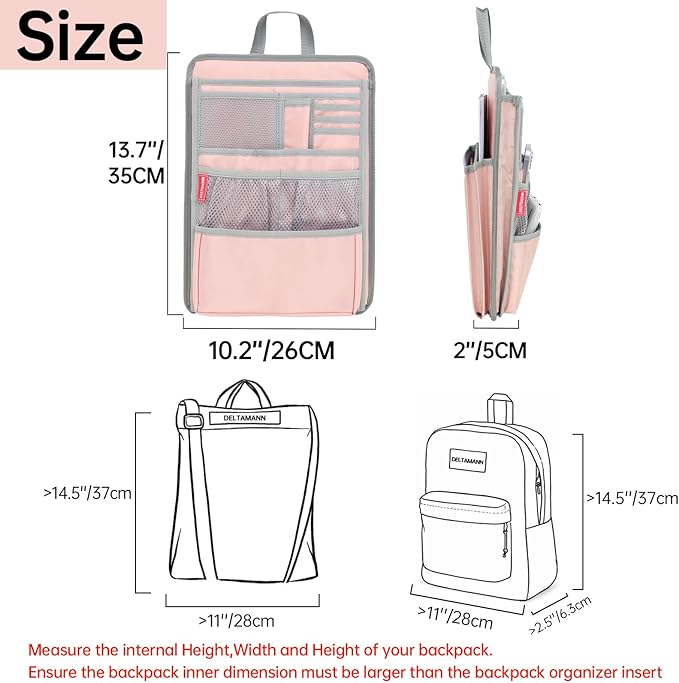 Slim Rugged Backpack Organizer Insert for Business Casual Men Women -13 Pockets,Padded Nylon,Max 14'' laptop- Pink