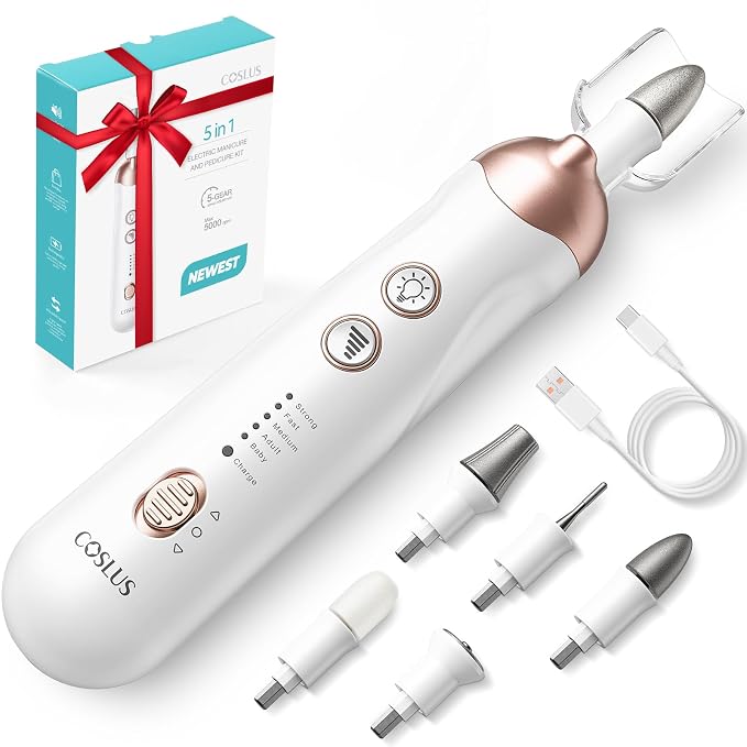 COSLUS C43 Professional Manicure Pedicure Kit, 5-in-1 Electric Nail File for Toenail Hand Feet, Basic & Thick Nails Care, Cordless, 5 Speeds, for Men Women Seniors Home Salon, Standard Grinder, White