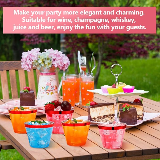 100 Pcs Red Rimmed Plastic Cups, 9 oz Disposable Wine Glasses, Elegant Cocktail Cup, Hard Plastic Drinking Cup, Clear Party Cups for Wedding, Birthday, Family Gatherings, Holiday