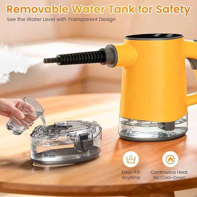 Steam Cleaner, Adjustable Handheld Steam Cleaner for Home, 10s Fast Heat-Up & 450mL Tank, Multi-Surface Portable Steamer for Cleaning Floor/Grout/Car/Kitchen & Bathroom Yellow