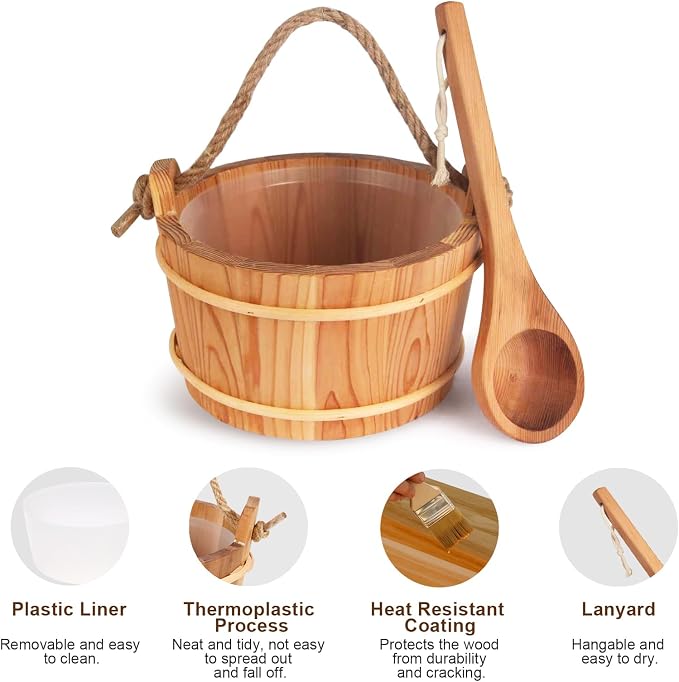 6L Wooden Sauna Bucket and Ladle Set, Handmade Cedar Sauna Bucket with Rope Handle,Natural Cedar