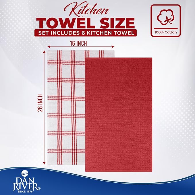 DAN RIVER Premium Red Kitchen Towels - [Pack of 6] 100% Cotton (16x 26 Inches) -Super Soft, Highly Absorbent Hand Towels, Quick Dry, Dish Towels, Tea and Bar Towels Set