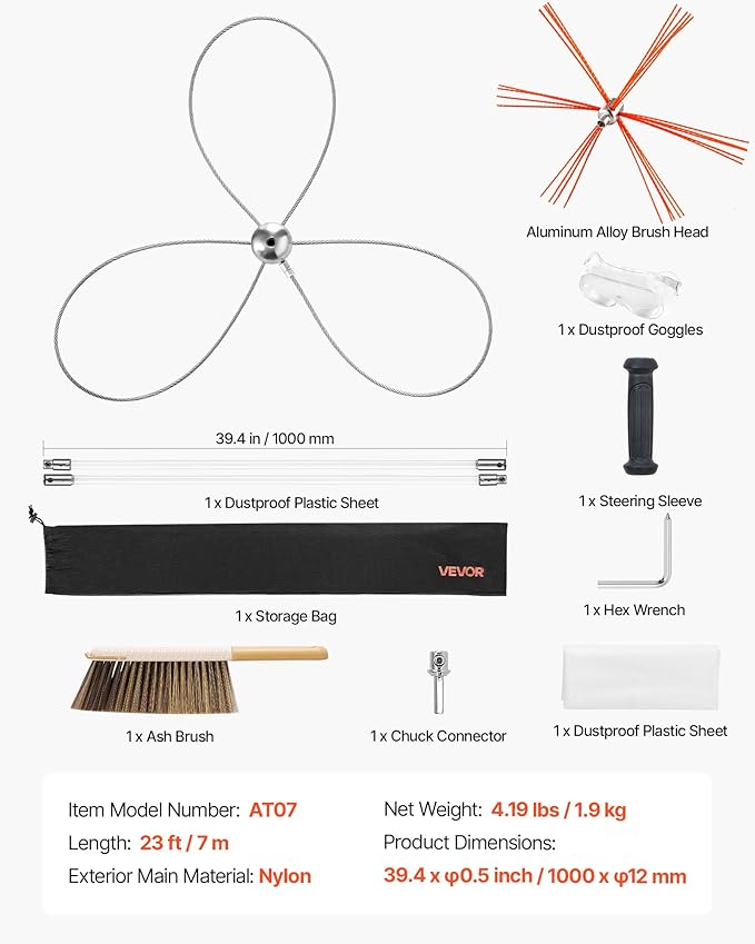 VEVOR Chimney Sweep Kit, 23 ft Maximum Extendable Length Chimney Brush, Chimney Cleaner Sweeper with Dual Brush Heads, Brush & Goggles, Fireplace Cleaning Tool for Square, Rectangle, Arch Chimneys