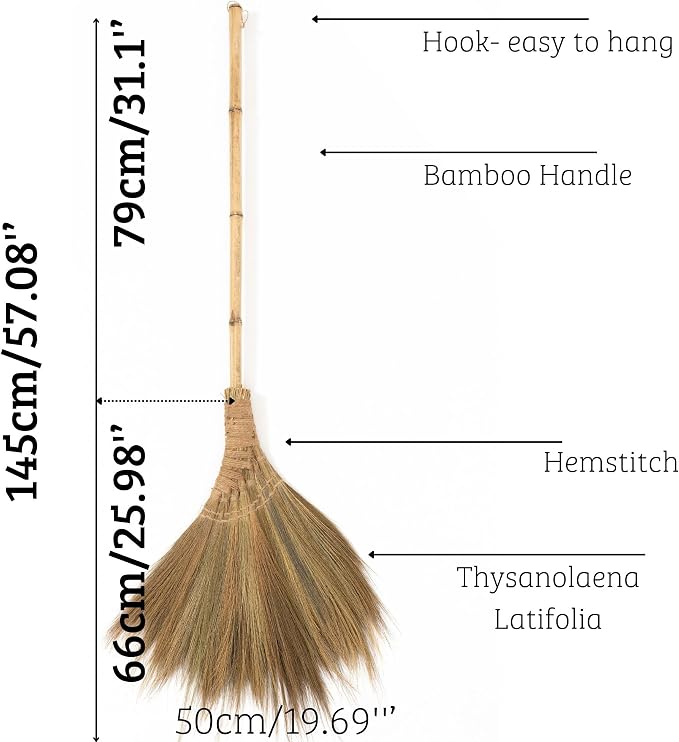 Vietnamese Natural Soft Broom - Broom Grass Handmade Broom Witch Broom Bamboo 57.08 inch Length, 19.69 inch Width