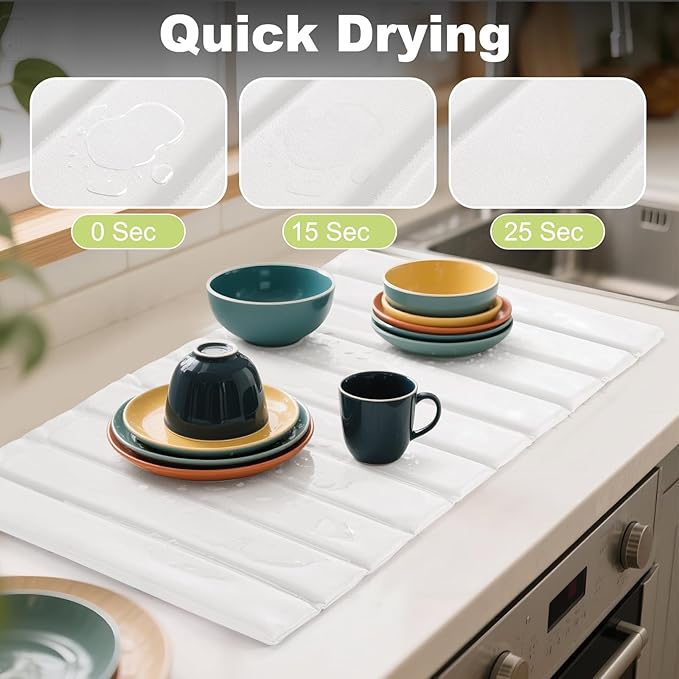 Oxydrily Large Stone Drying Mat for Kitchen Counter, Ultra Absorbent Diatomaceous Earth Mat with PU Leather Cover Stain-resistant Quick Dry/Foldable, Collapsible Dish Mats for Dishes Cups 23.6"x15.3"