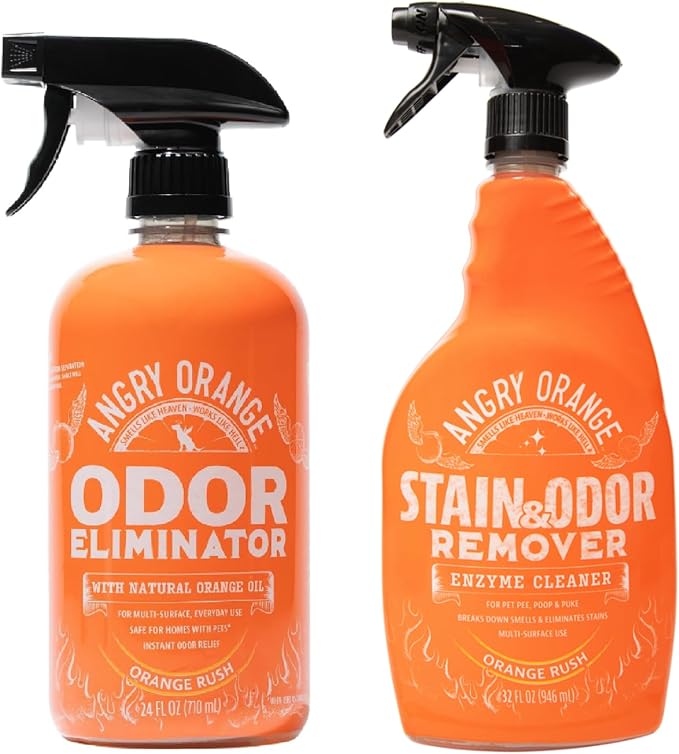 ANGRY ORANGE Pet Odor & Stain Remover - Orange Rush Scent - 24oz Odor Eliminator + 32oz Enzyme Cleaner for Dog & Cat Urine, Carpet Stains & Strong Smells