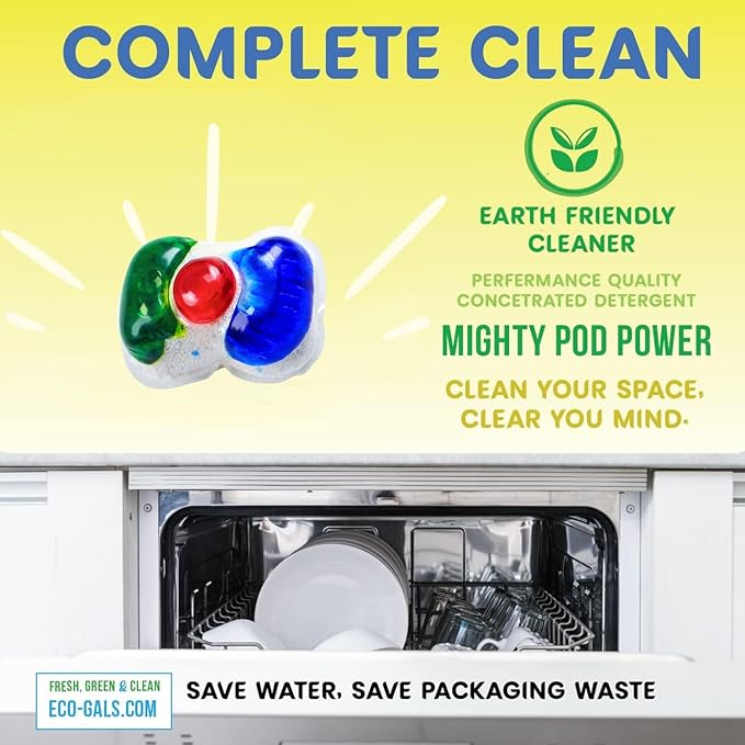 ECO-GALS Eco-Spinz Disposal Cleaner and Deodorizer for Kitchen Drains and Sinks Plus Eco-Shines Dishwasher Detergent 3 in 1 Power of Liquid, Powder, and Gel for Brighter Cleaner Dishes