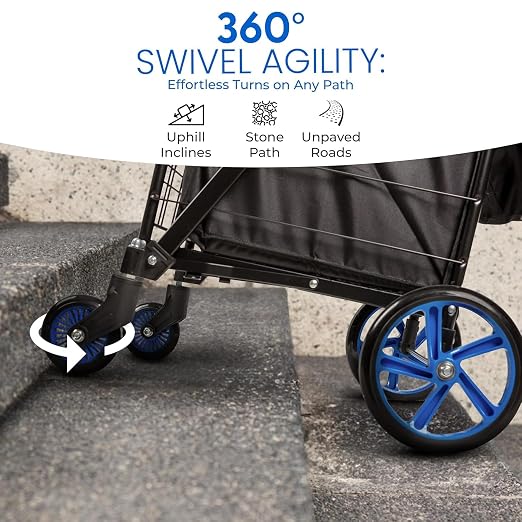 SereneLife Small Compact Folding Shopping Cart with Removable Waterproof Liner – 360° Swivel Wheels, Rust‑Proof Steel Frame, 70 lb Capacity – Portable Grocery, Laundry & Travel Cart (Blue)
