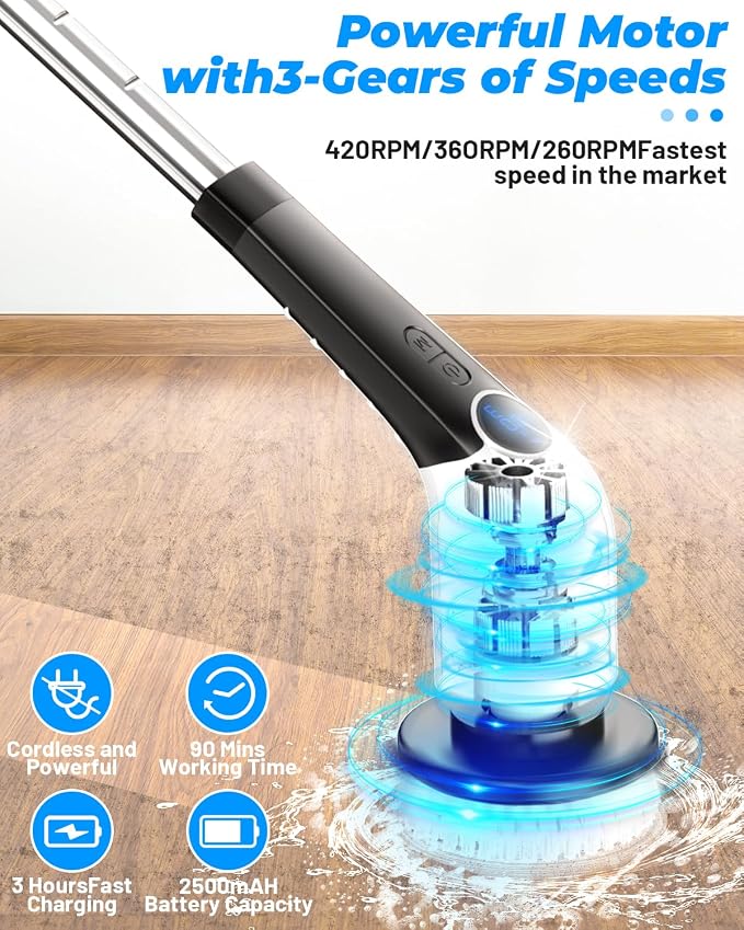 Electric Spin Scrubber,Bathroom Cleaning Brush,Shower Scrubber with Long Handle 8 Replaceable Brush Heads Voice Broadcast 3 Rotating Speeds,Tub Scrubber,Cordless Power Cleaning Brushes Floor Tile