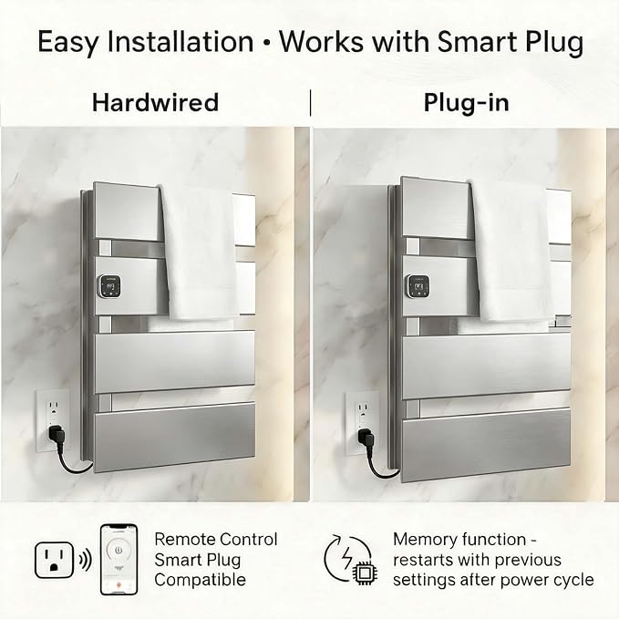 L Series Electric Towel Warmer for Bathroom, 4 Panel, Silver | Thermo Control and Timer, Fast Heat in 3 Mins, Dry Towels in 4 hrs, Memory Function, Work with Smart Plug, Left-Wiring