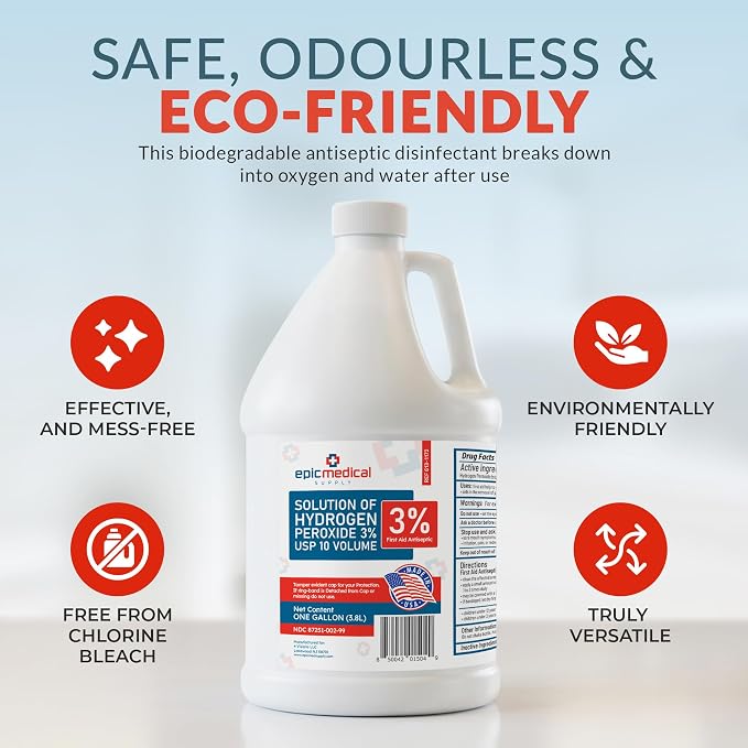 Epic Medical Supply 3% Hydrogen Peroxide - First Aid Antiseptic & Multipurpose Cleaner - Topical Wash for Cuts, Scrapes and Minor Cuts - H2O2 Hydrogen Peroxide 3 Percent USP Solution (1 Gallon)