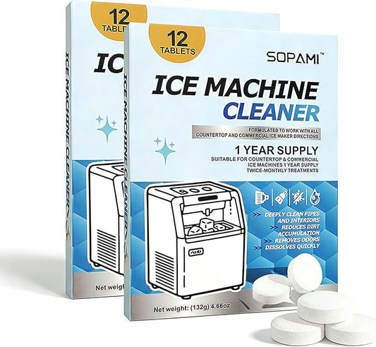 SOPAMI Ice Machine Cleaner and Descaler Tablets –24 Pack Ice Maker Cleaner Tablets, Nickel Safe Scale Remover for Countertop Portable Commercial Ice Makers, Compatible with Major Brands