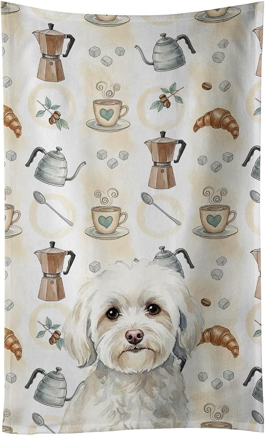 Caroline's Treasures White Havanese Coffee Bar Kitchen Towel Velour Plush Front and Cotton Loop Back Machine Washable