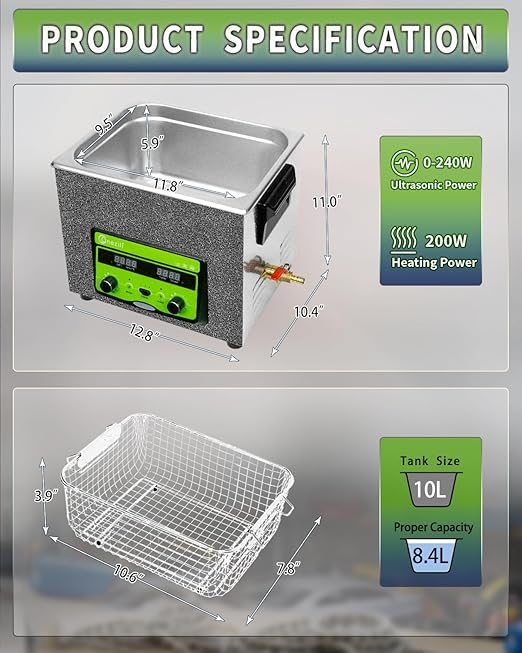 ONEZILI Ultrasonic Cleaner 10L, 240W Ultrasonic Parts Cleaner with Adjustable Power, Sweep & Degas for 360°Cavitation Cleaning- Industrial Ultrasonic Cleaning Machine for Hardware & Mechanical Parts