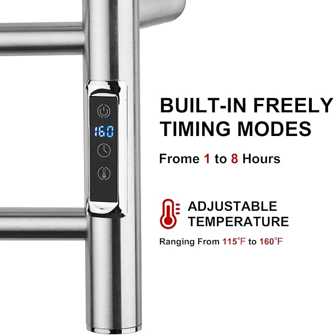 Heated Towel Racks for Bathroom, Wall Mounted Electric Towel Warmer Racks with Timer & Temperature Control, 8 Bar Stainless Steel Towel Heater for Bathroom, Brushed Silver, Plug-in