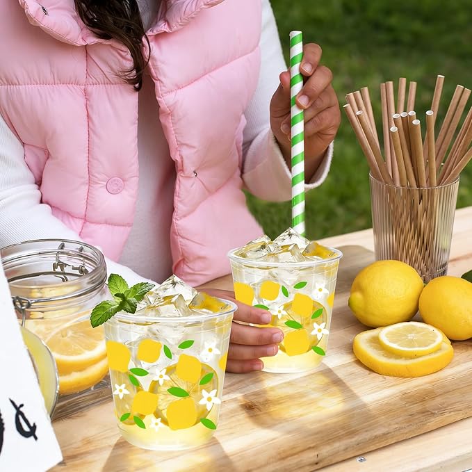 Whaline 50Pcs Summer Plastic Cups 12 Oz Lemon Disposable Clear Stemless Wine Cocktail Glasses PET Drinkware Cups Set for Wedding Birthday Baby Shower Party Supplies