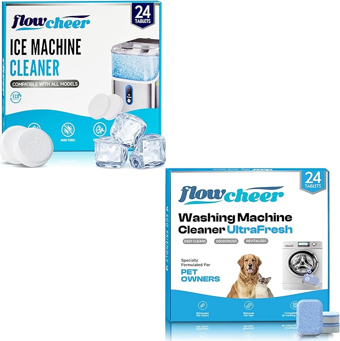 flowcheer Ice Maker Cleaner Tablets, Cleaning and Descaler for Countertop and Home Ice Machines&Washing Machine Cleaner Tablets, Septic Safe Descaler for Removing Pet Hair, Odors & Residue