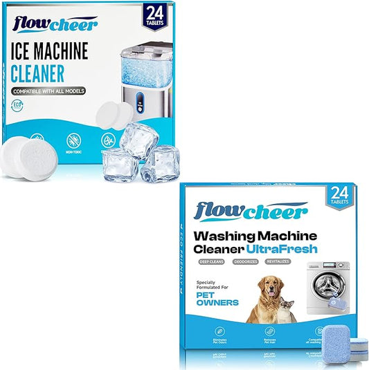 flowcheer Ice Maker Cleaner Tablets, Cleaning and Descaler for Countertop and Home Ice Machines&Washing Machine Cleaner Tablets, Septic Safe Descaler for Removing Pet Hair, Odors & Residue