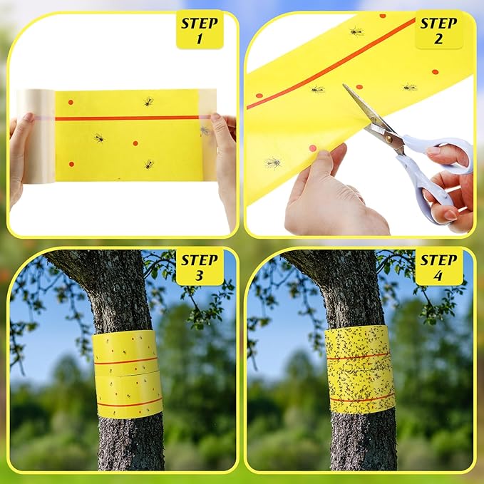 12 Rolls (30 Feet Each) Spotted Lantern Fly Tree Trap Outdoor Fruit Fly Sticky Strips Paper Ant Insect Sticky Barrier Tree Trunk Wraps to Protect Trees Plants, Lawn, Garden(Yellow and Red)