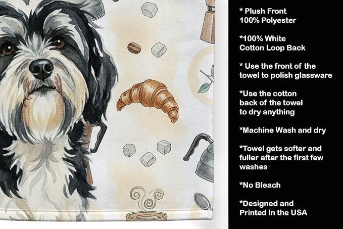 Caroline's Treasures Black and White Tibetan Terrier Coffee Bar Kitchen Towel Velour Plush Front and Cotton Loop Back Machine Washable
