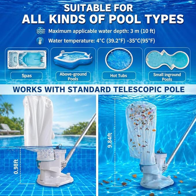 2026 Upgraded Cordless Pool Leaf Vacuum Cleaner with Dual Filter Bags for Above Ground & Inground Pools – Heavy Duty Swimming Pool Vacuum with Pole, 48GPM Strong Suction for Easy Leaf & Debris Removal