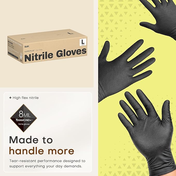 SUPER+ Disposable Nitrile Gloves, 8 Mil Diamond Powder-Free Latex-Free Food Safe Chemical Resistant Heavy Duty, Black 500 Ct