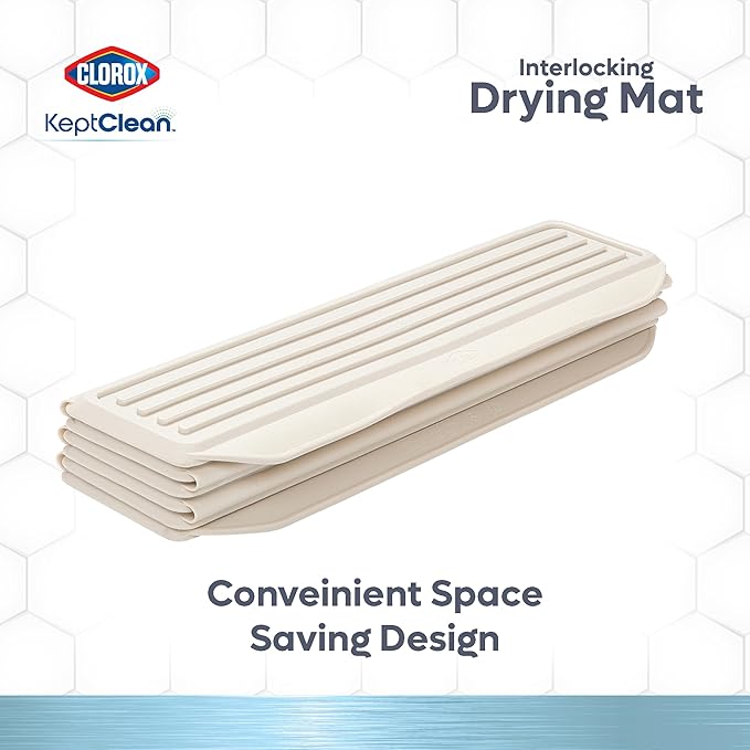 CLOROX KeptClean Interlocking Non-Slip Dish Drying Mat – Flexible, Foldable, Durable, Quick-Dry Mat, Interlocking Panels for Various Drying Elevations, Folds Compact for Storage - Almond Cream