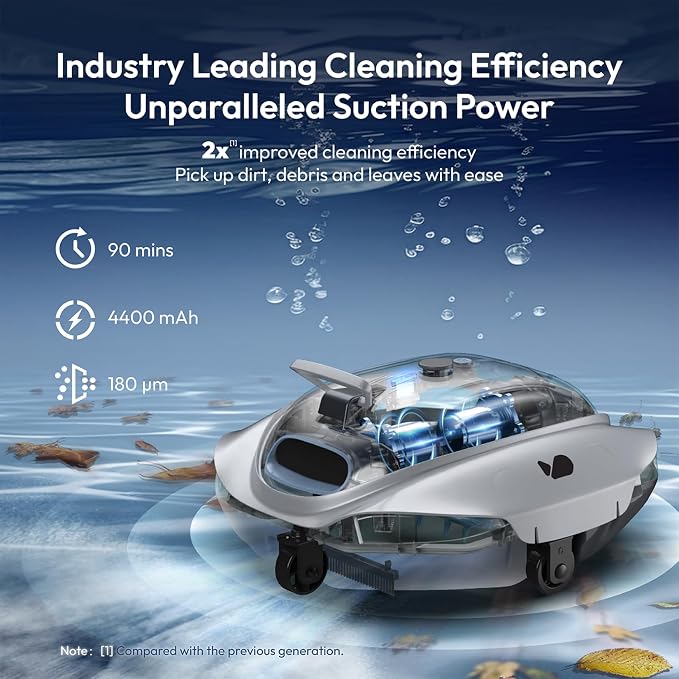 BUBLUE Bubot 300P Robotic Pool Cleaner, Cordless Pool Vacuum with Industry Leading Suction Power, Bluehole Tech, DirtLock Tech, Smart Sensor for Above-Ground Flat Pools up to 850 Sq.Ft, Silver
