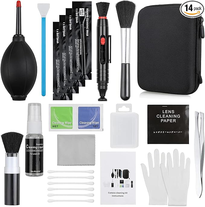 14-in-1 Camera Lens Cleaning Kit - Mirrorless & DSLR Sensor Cleaning Kit for Canon, Sony, Nikon Including Lens Blower, Detergent, Swabs, Cloth, Pen, Brush