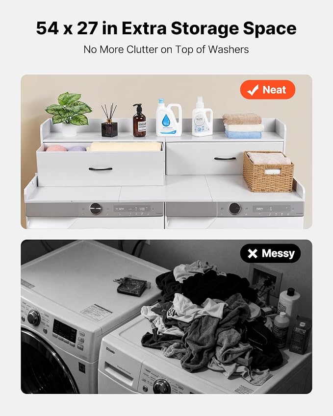 VEVOR 2 Drawers Washer Dryer Countertop with Shelf, 54" x 27" Wooden Laundry Countertop with 2 Hooks & Splicing Panels, Washer and Dryer Topper, Laundry Room Organization and Storage, White