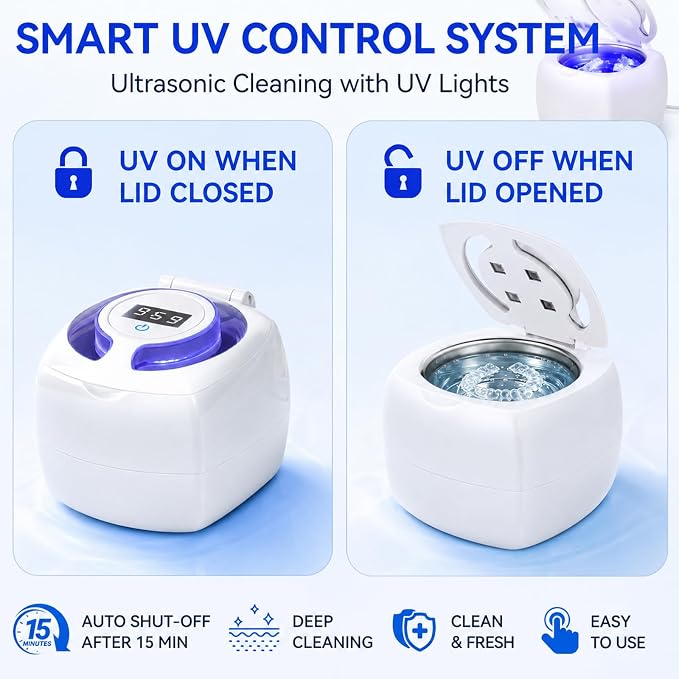 Ultrasonic Retainer Cleaner Machine, 340ml 48kHz Ultrasonic Cleaner for Retainers, Dentures, Mouth Guard & Jewelry, 4 Cleaning Modes,Large Capacity Tank,Portable Quiet Design with UV Light,White