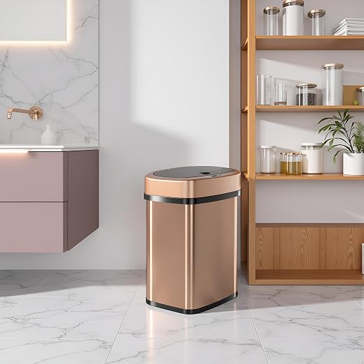 DZT-12-5 12L Stainless Steel Smart Waste Bin with Motion Sensor | Touchless Auto-Open Lid & Soft-Close for Bathroom, Kitchen & Office (Gold)