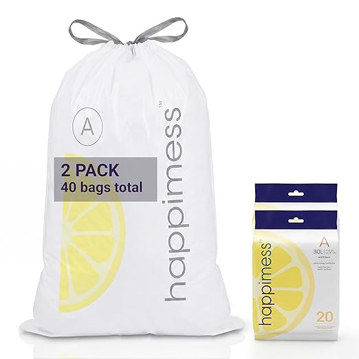 happimess 8 Gallon (30L) Drawstring Trash Bags, Lemon Scent, White, Heavy Duty MDPE Liners for Kitchen and Household, Odor Control, Custom Fit 40 Count (2 Packs of 20 Liners) HPM3100A-W-2SET