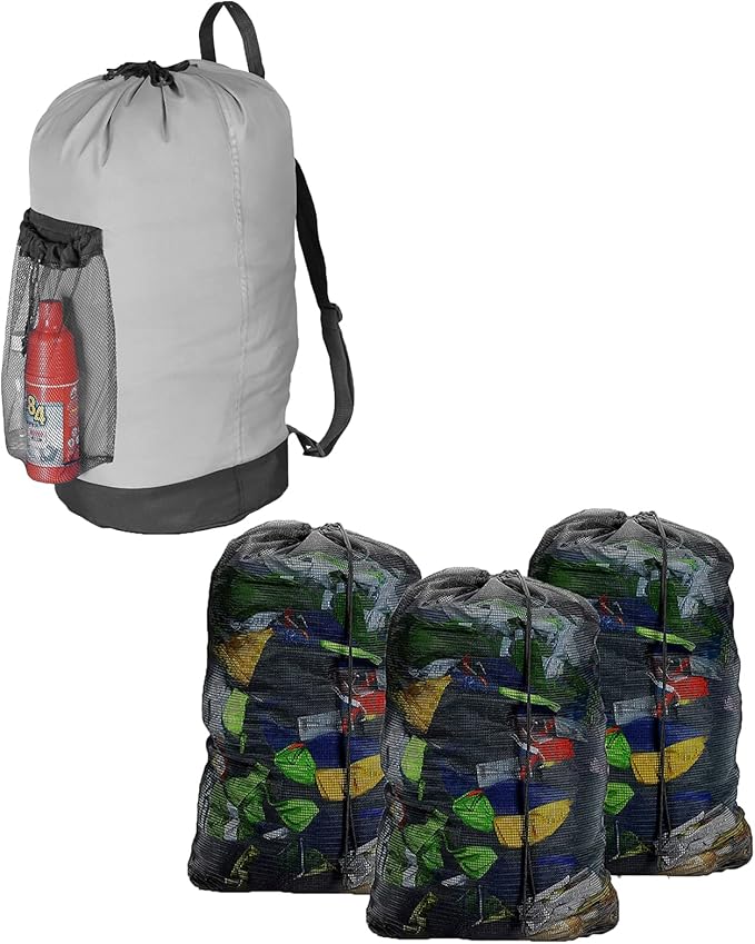 Dalykate Laundry Bag with Shoulder Straps and Mesh Pocket and Mesh Laundry Bags 3 Pack, 2 Item Bundle
