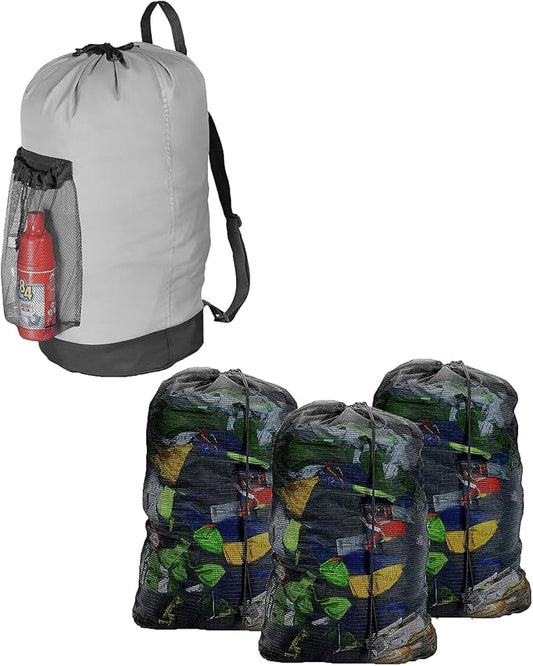 Dalykate Laundry Bag with Shoulder Straps and Mesh Pocket and Mesh Laundry Bags 3 Pack, 2 Item Bundle