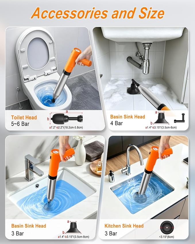 Ublue Electric Toilet Plunger, 4 in 1 High Pressure Toilet Unclogger with Multi-Purpose Heads & Automatic Inflation, Heavy Duty Drain Clog Remover for Bathroom, Washbasin and Floor Drain